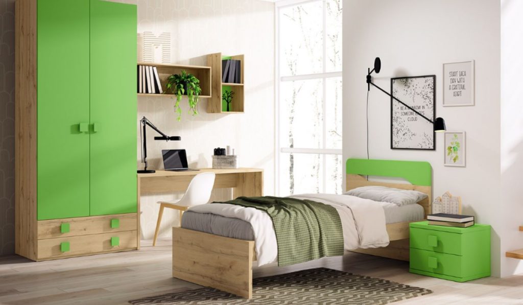 Moderna y cómoda Habitación juvenil para dos con litera y armario azul y  verde menta