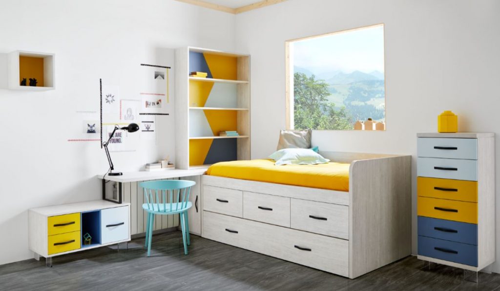 Cama alta individual con escritorio, cama alta de madera con cajones y  estantes de almacenamiento, adecuada para dormitorio o estudio (blanco +