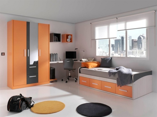 Dormitorio juvenil en Abedul, Grafito y Naranja de Muebles Orts