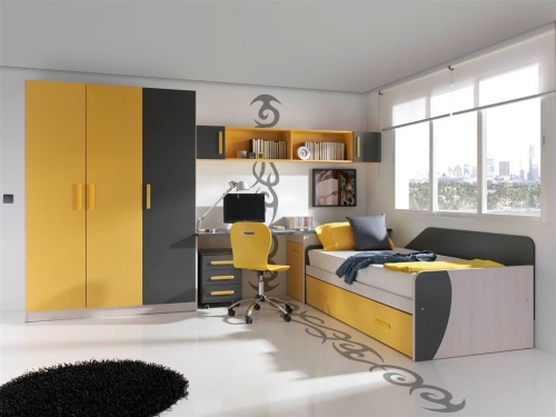 Dormitorio juvenil en Abedul, Grafito y Amarillo de Muebles Orts