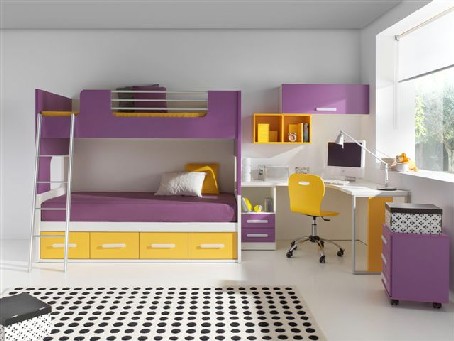 Dormitorio juvenil en Blanco, Amarillo y Mora de Muebles Orts
